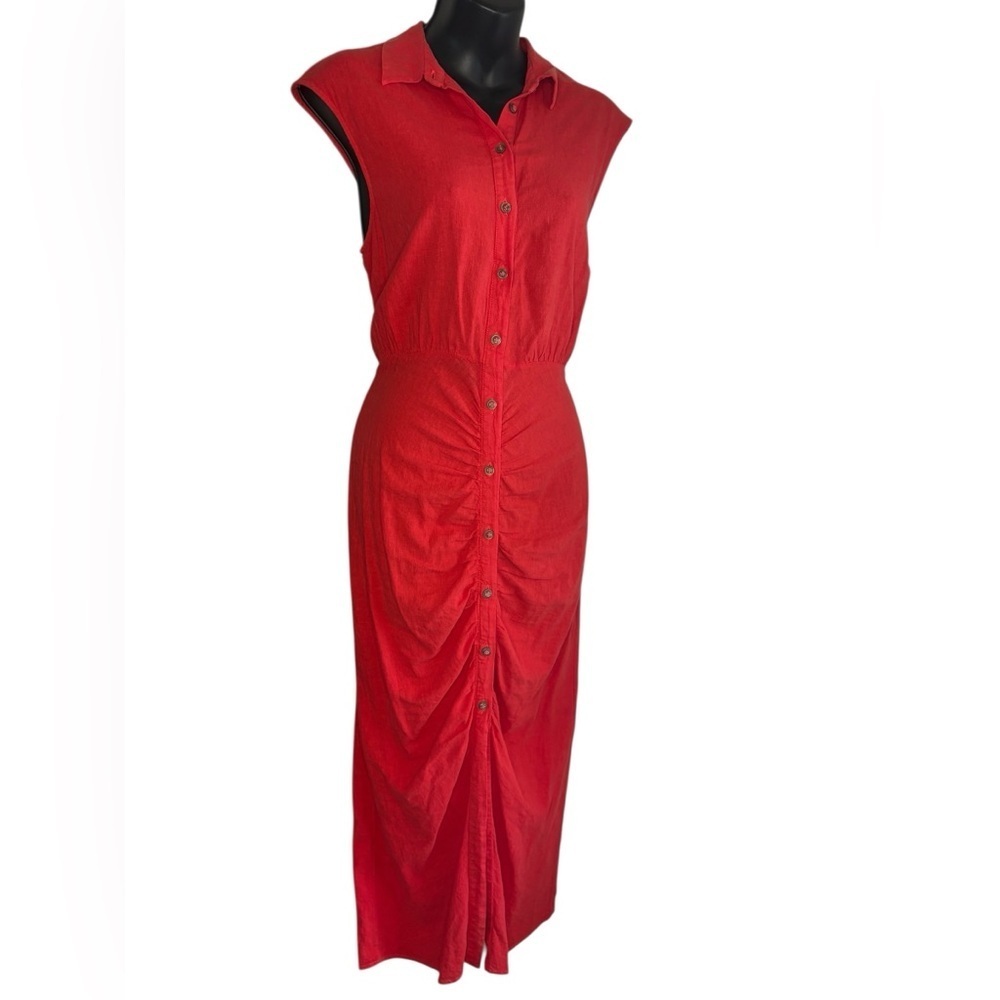 Zara cherry red sleeveless front button ruched linen blend midi dress sz M - Picture 12 of 15